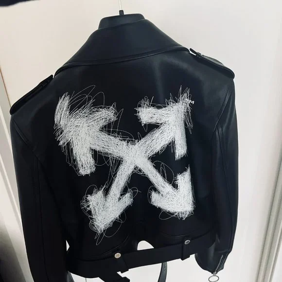 BRAND NEW Off-White c/o Virgil Abloh Arrows-Motif Biker Jacket (BLACK Leather)
